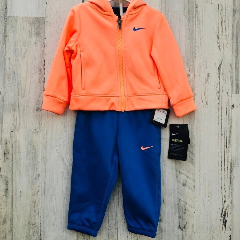 Nike 12M Kids Active 2pc Set Bright Orange Zip -Up and Blue Sweat Pants